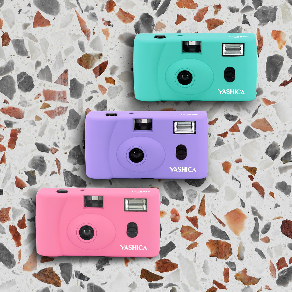 Three Yashica Cameras, Turquoise, Lavender and Pink